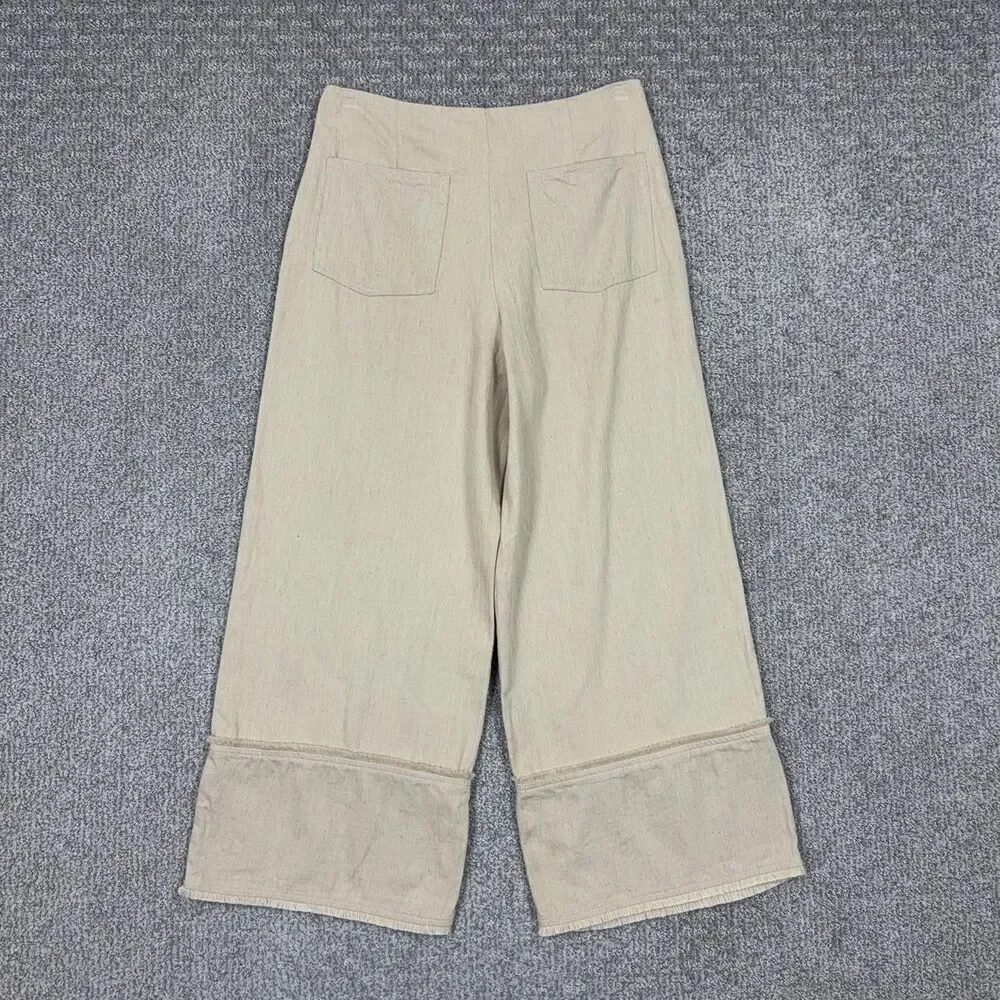 Zara Pants Womens Small Beige Linen Blend Wide Leg Crop Fringe Capsule Lagenlook